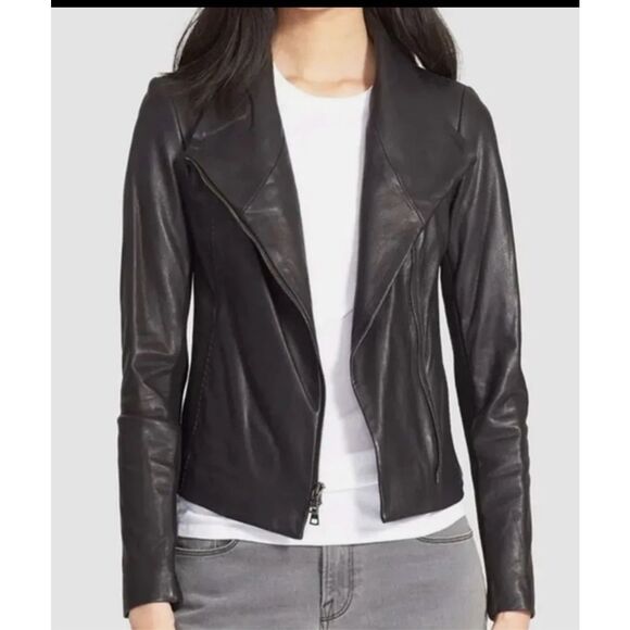 Vince black 100% Leather moto jacket wool blend knit under arm zip front L